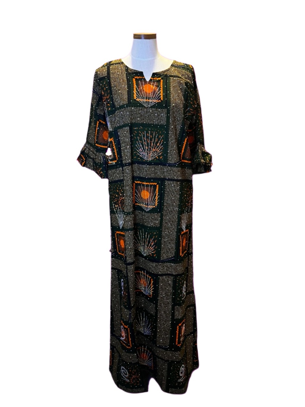 African Print Green & Orange Dress with glittery Stones -Relaxed Sleeve Dress